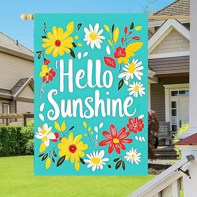 Hello Sunshine Summer Garden Flags 12x18 Double Sided Flag Spring Summer Outdoor Decor with Radiant Sun and Sunflower Design Perfect Floral Seasonal Yard Outdoor Flag