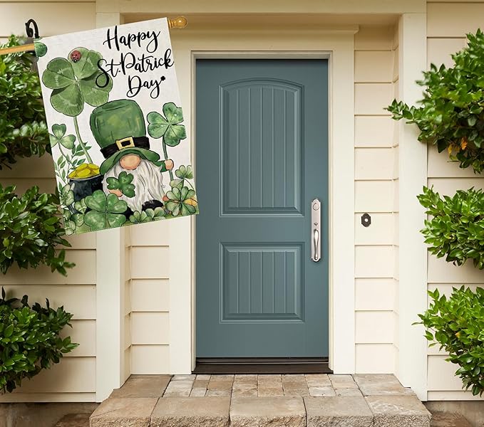 Happy St Patricks Day House Flags for Outdoor Decoration, Irish Gnome with Shamrocks Large Yard Flag,Seasonal Decorative Decor for Holiday Irish Anniversary Celebration Outside 28x40 Inch Double Sided