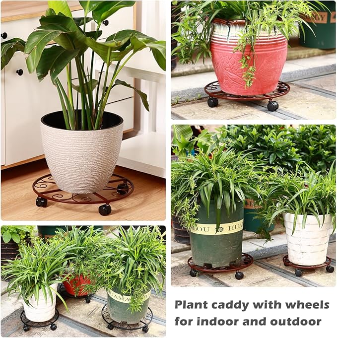 5 Packs 16” Plant Caddy with Wheels Large Metal Plant Stand with Wheels for Indoor and Outdoor Plants Rolling Plant Stand with Casters Heavy Duty Plant Dolly Roller Caddy, Bronze