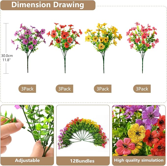 ZFProcess Artificial Flowers Faux Plants Outdoor Fake Flowers Spring Decor,12 Bundles Outdoor Flower Plastic Plant Colorful Daisy UV Resistant for Porch Patio Yard Garden Pot Planters