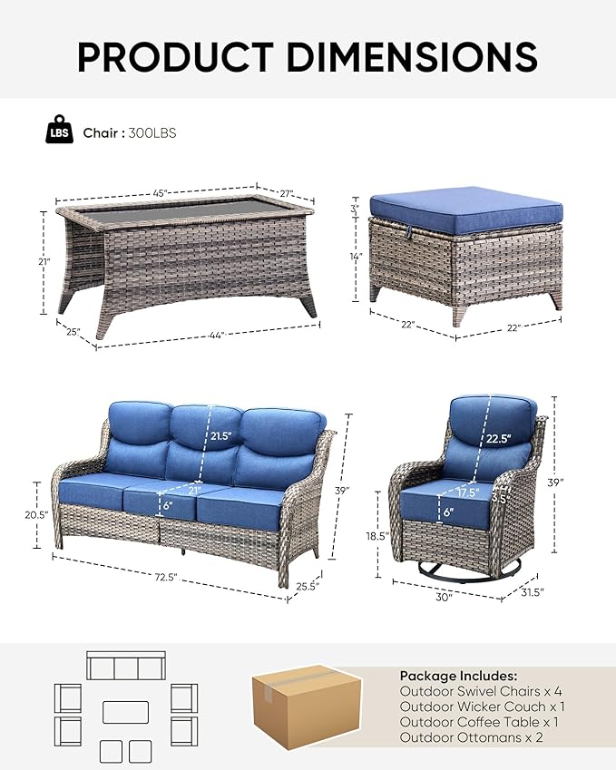 HUMMUH 8 Pieces Wicker Patio Furniture Set with Patio Swivel Chairs Set of 4,High Back Outdoor Sofa Coffee Table Ottomans,6 Inch Thick Cushions Outdoor Conversation Set for Porch, Balcony, Deck