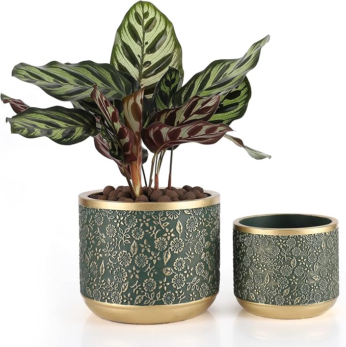 6 +4.4 Inch Cement Planter Decorative Pots with Drainage Hole for All House Plants, Succulents, Flowers, and Cactus (Green)