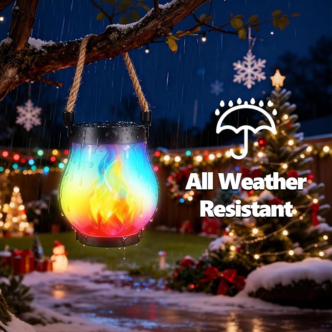 iBaycon 2 Pack Solar Lanterns Lights, Christmas Flickering Flame Garden Lights with 2 Modes Dual Charging USB & Solar, Outdoor Waterproof Hanging Lantern for Holiday Christmas Decor (Multicolor)