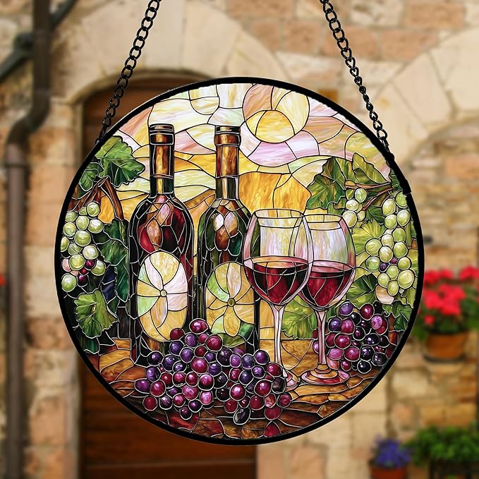 Stained Glass Window Hanging, Grapes and Wine Suncatcher Diamond Glass Panel Hangings Sun Catchers Decor for Birthday for Women, Men, Wife, Aunt, and Mom 6.3 in