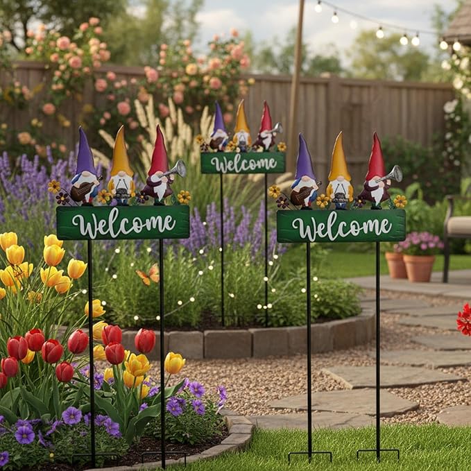 Spring Gnomes Decorations for Yard with Garden Welcome Sign, Large 43.3inch Musical Gnome Decorative Garden Stakes Metal Yard Art for Outdoor Lawn Decorations