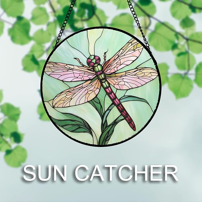 DASTOLL Stained Glass Window Hanging 4 Pcs Set Pink Green Insect Theme 6.3" - Butterfly Suncatcher Door Garden Sun Catcher Decor Birthday Christmas for Mom Woman Nana Men