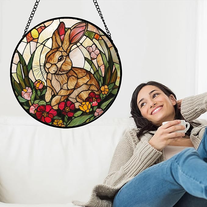 AMDERVEN Stained Glass Window Hanging, Cute Bunny Flowers Sun Catcher for Window Door Home Decor, Rabbit Suncatcher Christmas Mother's Day Birthday Gifts for Women Men Mom and Nana 7.8 in