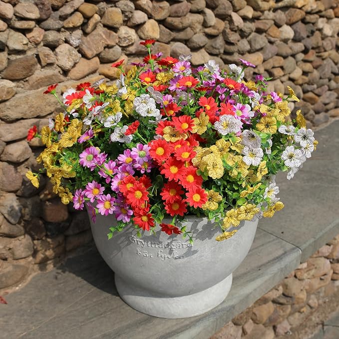 HIFORESTAR Artificial Outdoor Flowers 12 Bundles Spring Summer Silk Fake Plants Colorful Outside Realistic Wild Flower Plants Vibrant Durable Perfect Front Porch Planter Decoration (Multi Colour 1#)