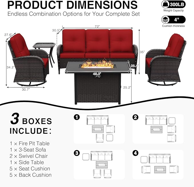 Joyside Wicker Patio Furniture Set with Fire Pit Table, 5 Piece Outdoor Furniture Set with Thickened Cushions, High Back, Deep Seating, Wide Armrest, Outdoor Swivel Rocker Chairs for Porch, Deck