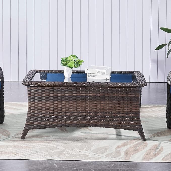 Belord Patio Coffee Table Outdoor Rectangular Glass Table, Handwoven Rattan Patio Furniture Brown Wicker Coffee Table Compatible with Patio Chairs and Sofa Sets for Backyard Sunroom Outside Lawn