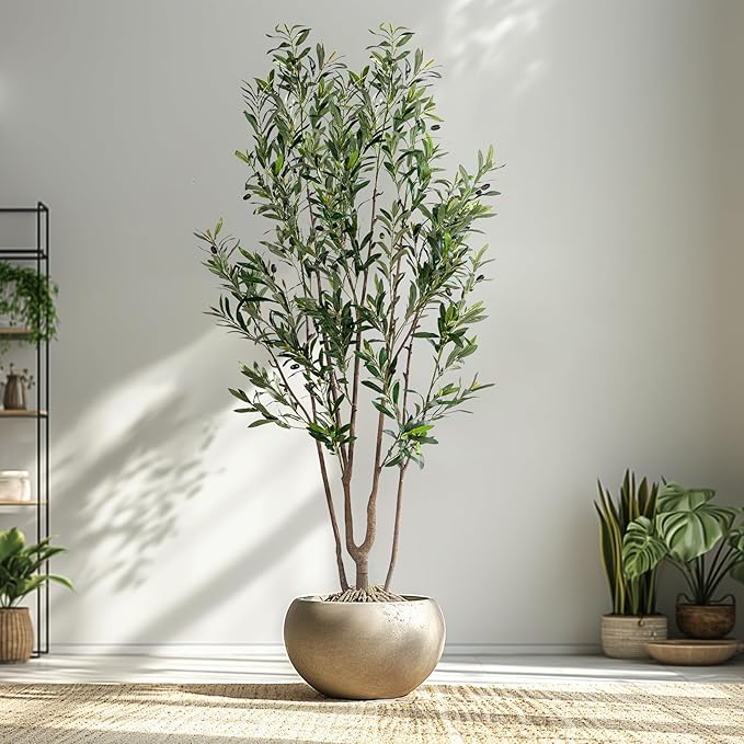 Erimda 7FT Artificial Olive Tree Tall Faux Silk Plant Tall Faux Olive Tree with Natural Wood Trunk & Lifelike Fruits Fake Potted Tree or Home Office Decor