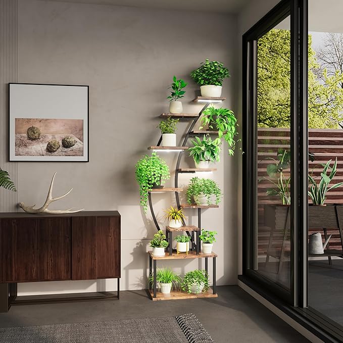 ROOMTEC Plant Stand Indoor with Grow Lights, 9 Tiered Indoor Plant Stand, 63" Metal Plant Shelf, Tall Plant Stands Indoor Multiple Stands for Living Room, Patio