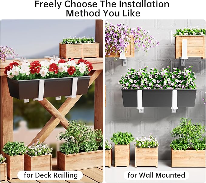 Y&M 6 PCS Adjustable Window Box Brackets for Planter Box, Heavy Duty Wall Mounted Hooks Hangers for Flower Baskets Holder White Steel Mounting Durable, Suitable for Fence Pergola Patio Garden Balcony