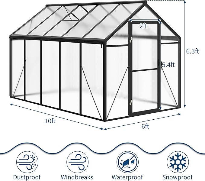 6X10 Ft Polycarbonate Greenhouse Sunroom with Aluminum Frame, Outdoor Greenhouse for Vegetables Herbs Flowers, Lockable Door & Adjustable Roof Vent, Patio Backyard Greenhouse Kit for Gardening, Black