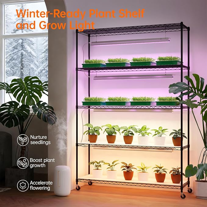 Bstrip Plant Shelf with Grow Lights, 5 Tier Large Tall Plant Stand with 3FT T5 144w Grow Light for Indoor Plants, 3 Mode Full Spectrum LED Plant Light with wheel and Timer for Seedling, 47.2x17.8x71IN