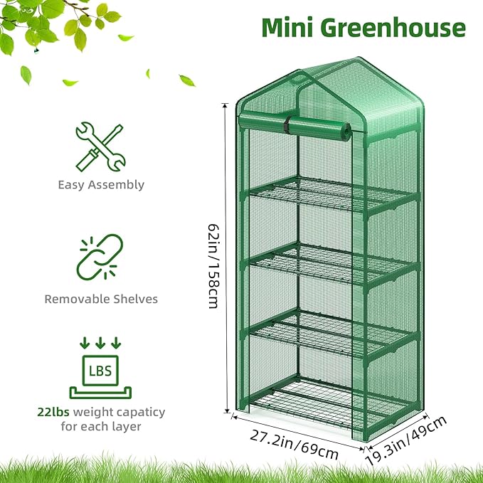 Superlele 4-Tier Mini Greenhouse for Indoor Outdoor, 19.3x27.2x62in Vertical Plant Green House with Adjustable Shelves, Reinforced Green PE Mesh Cover and Zippered Door, Heavy Duty Steel Frame