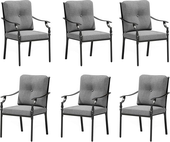 PHI VILLA Outdoor Steel Dining Chairs Set of 6, Heavy-Duty Rustproof Black Wrought Iron Armchairs with Cushions, Large Seating Furniture for Patio, Deck, Backyard, Porch