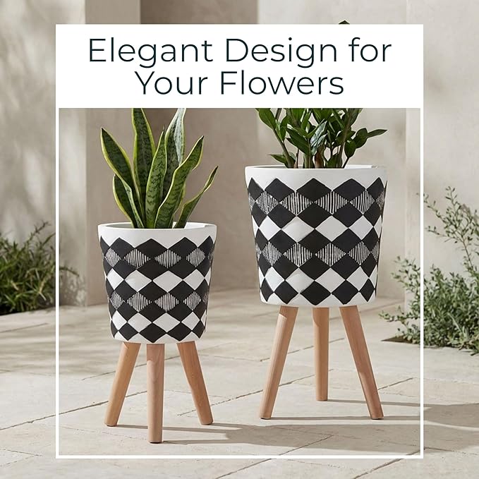 Sagebrook Home Set of 2 Geometric Planters on Stands - Resin & Wood Mid-Century Modern Plant Pots for Indoor/Outdoor Home & Garden Decor - 12" & 10", Black & White G