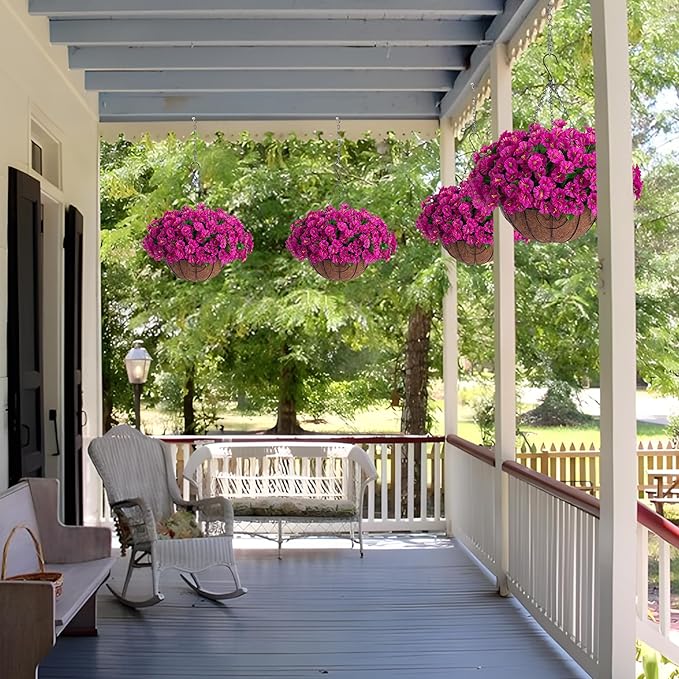 Ammyoo Artificial Hanging Flower Plants with Basket for Outdoor Decoration, Faux Petunias Flowers Fake Morning Glory Planter for Outside Patio Garden Porch Balcony Yard Decor(Fuchsia)