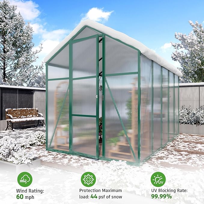 Greenhouse for Outdoors 6.1x8.1x7.2FT, Polycarbonate Green House with Roof Vent, Lockable Door and Ground Nails, Heavy Duty Aluminum Walk-in Greenhouse, Large Sunroom for Garden, Green