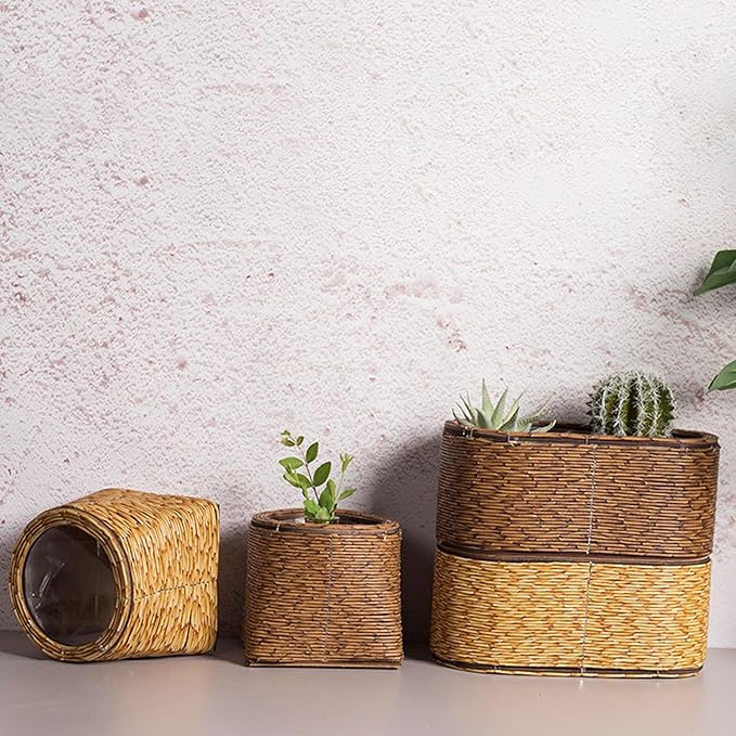 Rattan Flower Basket, Wicker Woven Planter with Plastics Liner, Hand Woven Basket Planter, Desktop Flower Pot for Bathrooms Kitchens Home Office