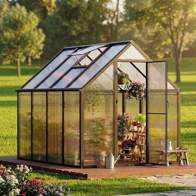 6x8 FT Aluminum-Framed Greenhouses for Outdoors Heavy Duty, Polycarbonate Greenhouse with Quick Setup Structure and Sliding Door, Walk-in Greenhouse Kit for Garden & Backyard