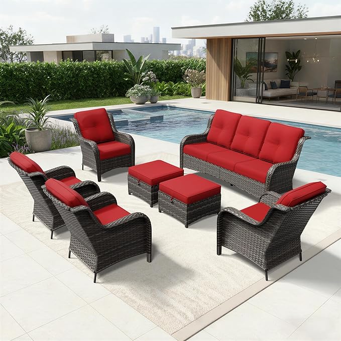Joyside 7 Piece Wicker Patio Furniture Set, Rattan Patio Chairs with High Back, Deep Seating, Wide Armrest, Thickened Cushions, Outdoor Furniture for Deck, Porch Use