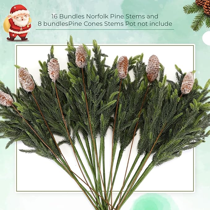 24 Pcs 23 Inch Christmas Realistic Norfolk Pine Branch Set with Pine Cones Stems Artificial Green Plants Branches Faux Greenery Stem Fake Cedar Picks for Vase DIY Garland Wreath Home Decor