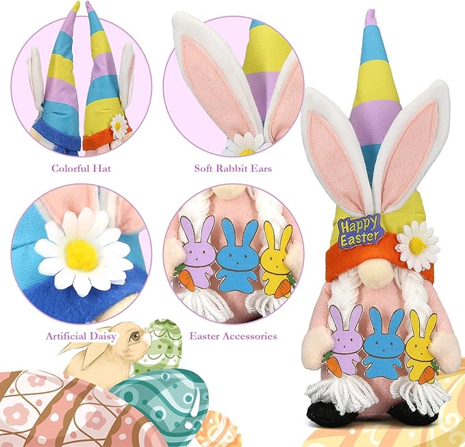 Lovinland Easter Decorations - Bunny Gnomes Decor for Home, Indoor, Tiered Tray, Office, Desk - Spring Rabbit Stuffed Centerpiece Table - Easter Basket Stuffers Essentials for Women - Gnome Gifts