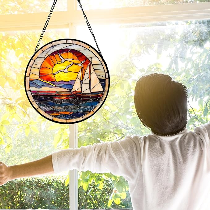 DASTOLL Stained Glass Window Hanging, Sun Ocean Sailboat Seagull Abstract Suncatcher Diamond Glass Panel Sun Catchers Decor for Birthday for Women, Men, Wife, Aunt, and Mom 9.8 in