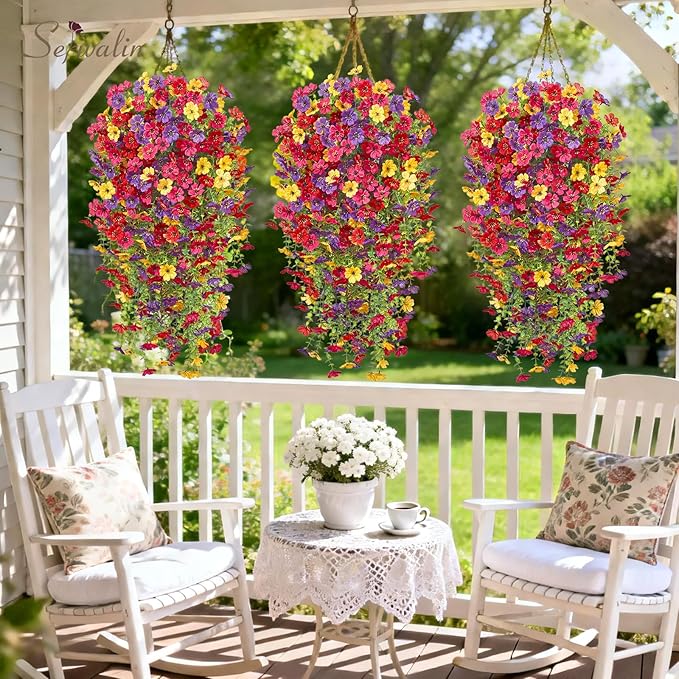 Serwalin 12PCS Artificial Fall Flowers for Outdoors Decoration, Realistic Silk Artificial Fall Hanging Flowers for Patio, Garden, Porch, Window, Outside (Spring Color,12PCS)