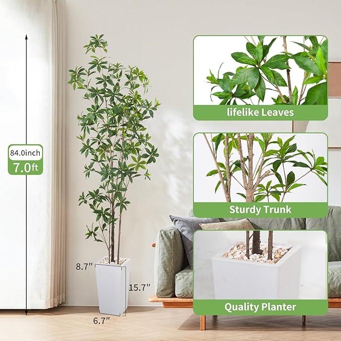 HAIHONG Artificial Brave Ficus Tree 7FT-Faux Tree with White Tall Planter-Fake Potted Tree with Silk Leaves-Tall Artificial Plants for Home Office Living Room Hallway Decor Indoor