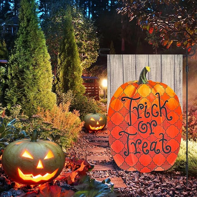 3D Halloween Trick or Treat Pumpkin Blackout Garden Flag ,Vertical Double Sided 12×18 Inch Retro Rhombus Pumpkin Yard Lawn Porch Flag ,Halloween Decorations Outdoor, Rustic Farmhouse Decor