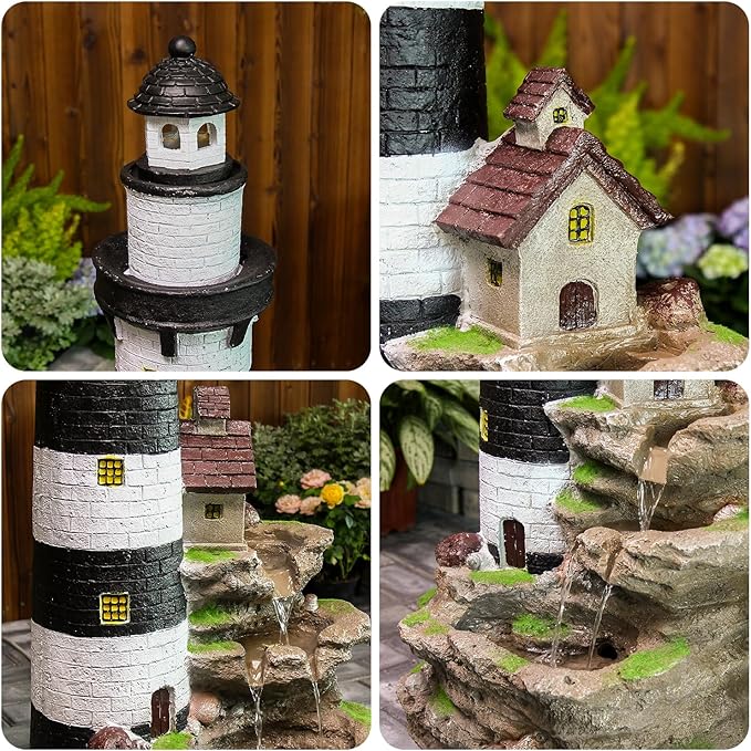 YZM Outdoor Lighthouse Waterfall Fountain 38.58" Tall 3-Tiered Rock Water Feature with LED Lights for Patio, Backyard, or Garden Décor