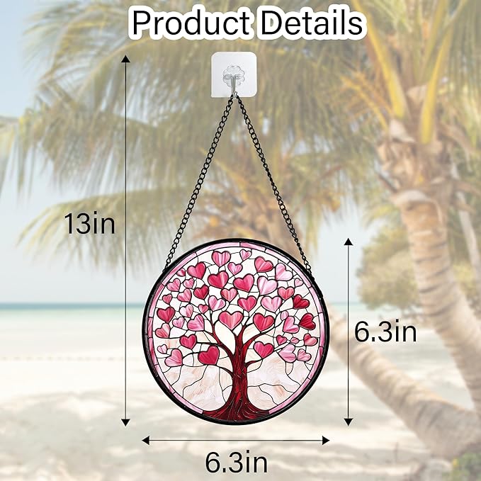 DASTOLL Stained Glass Window Hanging, Valentine's Day Gifts Pink Love Heart Tree Suncatcher Hangings Beige Sun Catchers Decor for Birthday for Women, Men, Wife, Aunt, Mom 6.3 in
