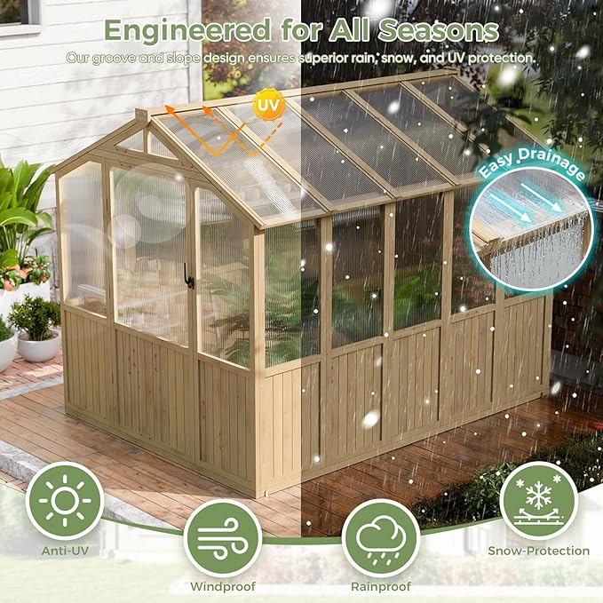 HUSFU 6x8x6.5 FT Wooden Greenhouse, Easy Assembly Thick Solid Cedar Frame Polycarbonate Greenhouse for Outdoors w/ Adjustable Roof, Lockable Door, Walk-in Green House for Outside Backyard Garden