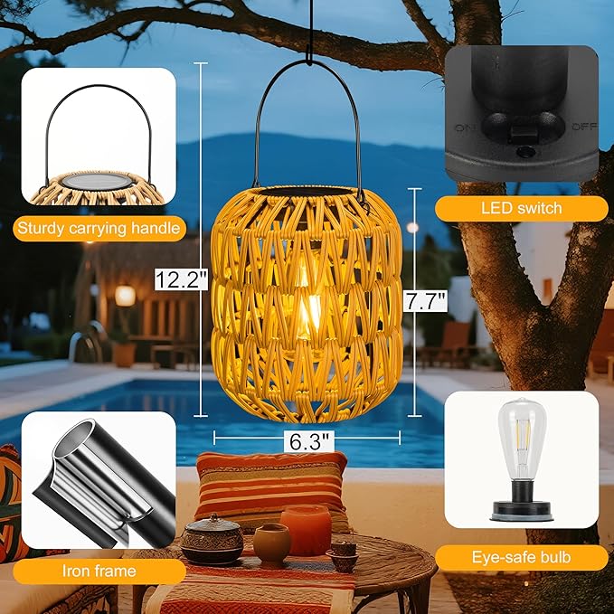 2 Pack Solar Lanterns Outdoor Waterproof,Rattan Solar Lantern for Yard,Outdoor Garden Lights,Hanging Lanterns Decorative Birthday Gifts for Mom Grandma,Outdoor Lanterns for Porch,Patio,Pathway