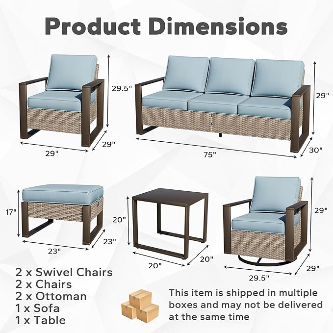 Joyside Outdoor Patio Chairs, 8 Pieces Wicker Rattan Furniture Set, 4 Patio Chairs, 1 Sofa, 2 Ottoman and 1 Table, Metal Wide Armrest, Thick Cushions and Deep Seating for Garden, Backyard, Porch