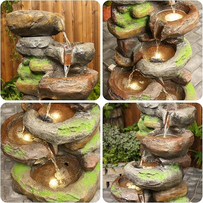 YZM 37.4" H 6-Tiers Cascading Rock Outdoor Water Fountain with LED Lights Outdoor Fountains and Waterfalls for Garden Patio Yard Deck Decor with Natural Stone Look