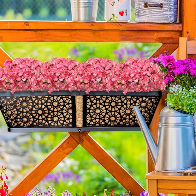 ZeeDix 24 Inch Metal Window Box for Railings, 2 Pack Over Railing Planter Boxes with Coco Liners, Hanging Flower Box Planters for Outdoor Fence Deck Porch Balcony & Patio