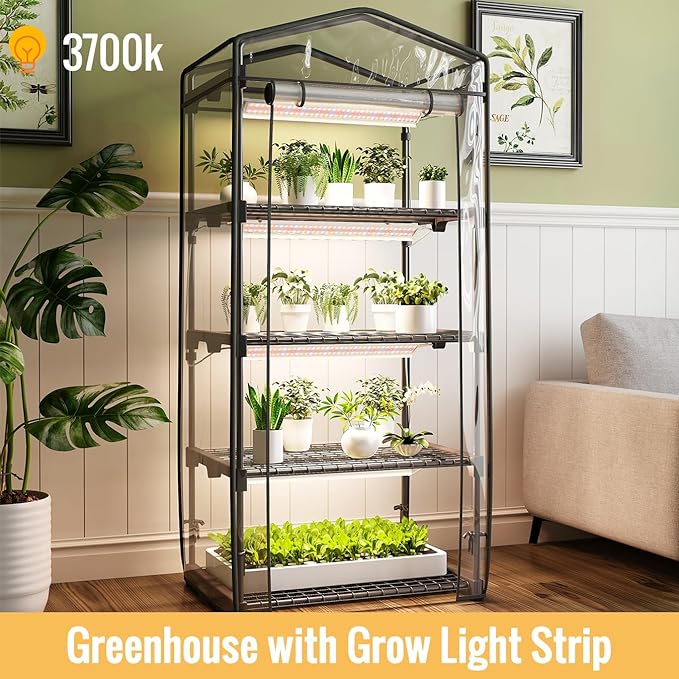 Indoor Greenhouse with Grow Light, 4 Tier, 1.6FT 80W Full Spectrum Grow Light with Timer, Portable Plant Shelves with Waterproof PVC Cover for Seed Starting, 26.4L X 19W X 61H