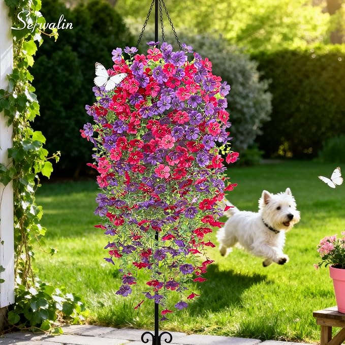 Serwalin 6PCS Artificial Fall Flowers for Outdoors Decoration, Realistic Silk Artificial Fall Hanging Flowers for Patio, Garden, Porch, Window, Outside (Purple& Hot Pink,6PCS)