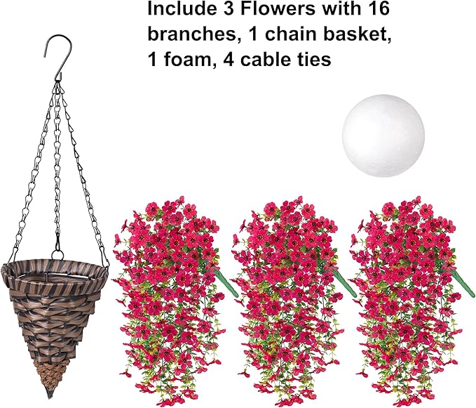 HyeFlora Artificial Hanging Flowers Basket for Outdoor, Fake Flowers Faux Plants Look Real for Yard Gardens Porch Patio Home (Hotpink)