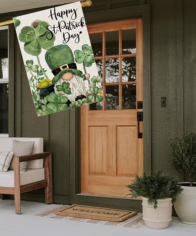 Happy St Patricks Day House Flags for Outdoor Decoration, Irish Gnome with Shamrocks Large Yard Flag,Seasonal Decorative Decor for Holiday Irish Anniversary Celebration Outside 28x40 Inch Double Sided