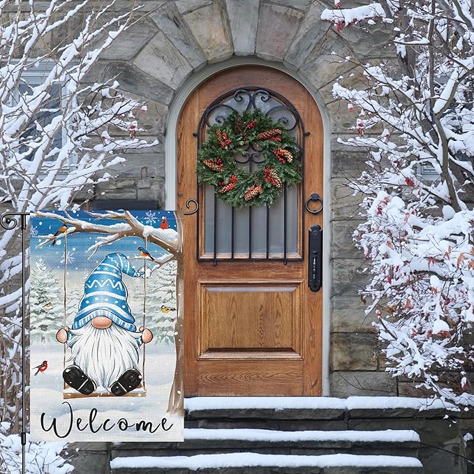 Louise Maelys Winter Garden Flag Gnome Welcome Bird Cardinal Tree 12x18 Inch Double Sided Snowy Swing Christmas Xmas Holiday Seasonal Small Burlap Yard Sign Outdoor House Decor