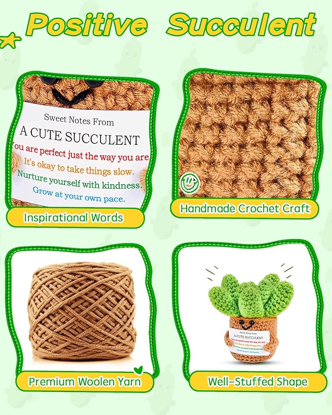 JELUTAR Crochet Positive Succulent Plant Thank You Gifts for Birthday Easter Mother's Day, Emotional Uplifting Gifts for Women Men Mom Dad Friends Wife Coworkers Cute Funny Decors (Cute Succulent)