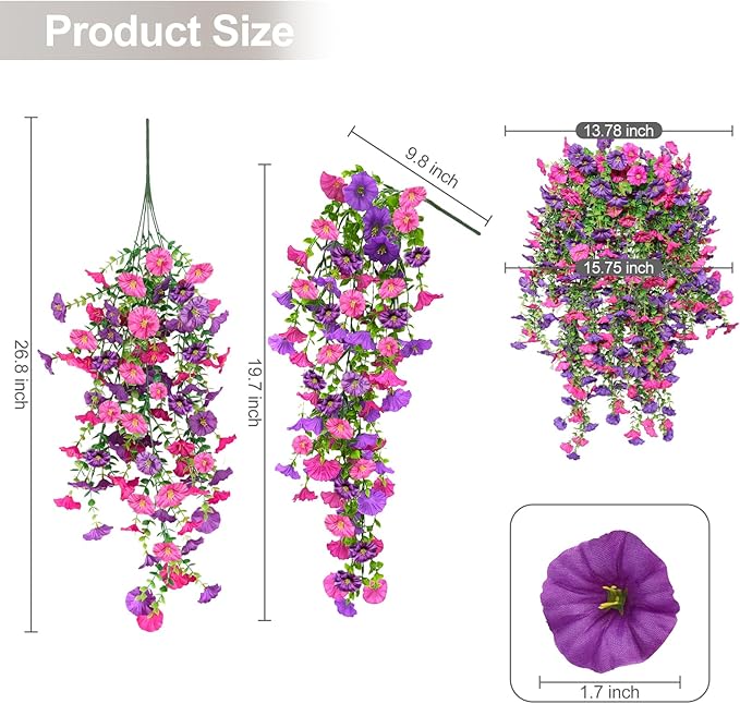 Artificial Flowers for Outdoors Decoration, 4Pcs Fake Hanging Flowers Morning Glory UV & Fading Resistant, Artificial Faux Plants Deocr for Home Porch Patio Balcony Planter Yard Garden Farmhouse