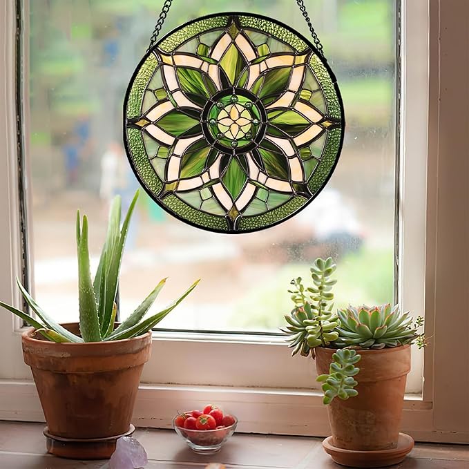 HWRHTR Stained Glass Window Hanging - White Green Boho Flower Suncatcher for Doors Window Home Sun Catchers Decor Christmas Mother's Day Birthday Gifts for Teacher Women Men Mom Nana 9.8 in