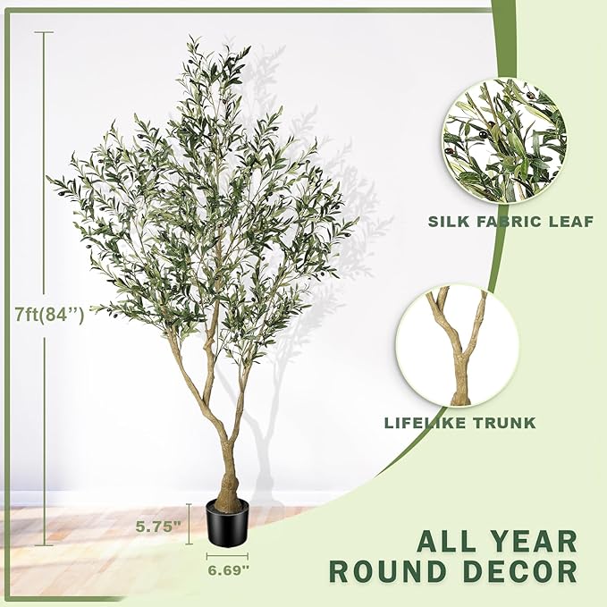 Olive Trees Artificial Indoor - Faux Olive Tree 7ft with Large Olive Branches and Lifelike Fruits - Fake Olive Tree for Modern Home Office House Living Room Decor