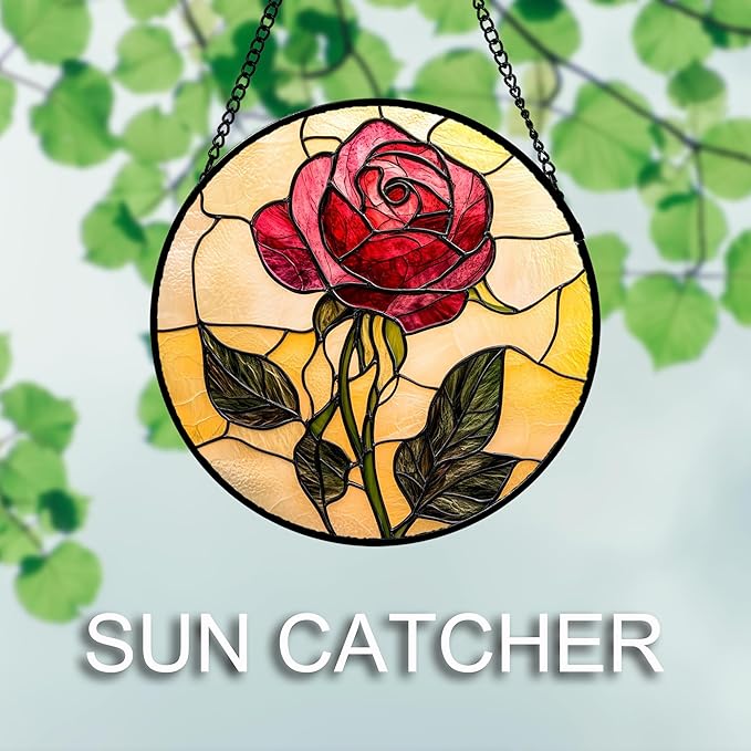 AMDERVEN Stained Glass Window Hanging 4 Pcs Set Lily Rose Sunflower Poppy 6.3" - Flower Suncatcher Door Garden Sun Catcher Decor Birthday Mother's Day for Wife Woman Nana Girl